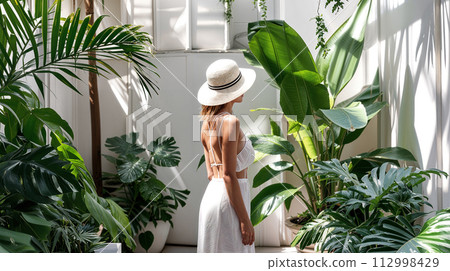 woman in a room with tropical green plants woman in a room with tropical green plants 112998429