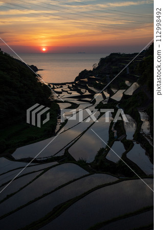 Sunset over rice terraces in Hamanoura 112998492