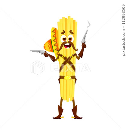 Cartoon italian pasta cowboy, bandit or robber character with guns and hat. Funny Wild West Western cowboy gunslinger vector personage of bucatini macaroni food with sombrero, leather belt, revolvers Cartoon italian pasta cowboy, bandit or robber character with guns and hat. Funny Wild West Western cowboy gunslinger vector personage of bucatini macaroni food with sombrero, leather belt, revolvers 112998509