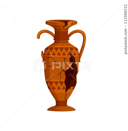 Ancient broken pottery vase or old ceramic cracked jug pot, vector antique amphora. Ancient Greek or Roman vase with cracks, archeology ceramic pitcher or antique jug with handles and ornament 112998552