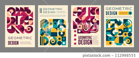 Modern abstract geometric pattern posters in yellow, turquoise, maroon and purple, vector cover template. Retro Swiss or modern Scandinavian pattern with geometric bauhaus shapes and color elements 112998555