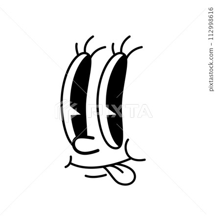 Cartoon funny comic groovy face emotion and retro cute emoji character. Vector cute smile emoticon with sticking tongue. Joyful facial expression with goggle eyes, glad positive feelings 112998616