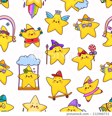 Cute kawaii stars and twinkle characters seamless pattern, vector background for kids. Cartoon smiling and happy star with rainbow, funny twinkle angel and wizard with magic wand or lollipop on cloud Cute kawaii stars and twinkle characters seamless pattern, vector background for kids. Cartoon smiling and happy star with rainbow, funny twinkle angel and wizard with magic wand or lollipop on cloud 112998731