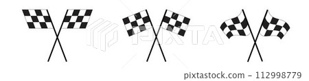 Set of crossed race flags with checkered black and white pattern. Start or finish symbols on sport car competitions. Rally or motocross props. Victory, trophy or success signs. Vector illustration Set of crossed race flags with checkered black and white pattern. Start or finish symbols on sport car competitions. Rally or motocross props. Victory, trophy or success signs. Vector illustration 112998779