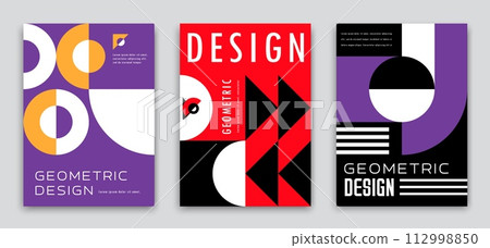 Modern abstract posters, geometric pattern background with vector circle, triangle, line and square shapes. Trendy graphic banners templates set with red, black and purple simple mosaic compositions Modern abstract posters, geometric pattern background with vector circle, triangle, line and square shapes. Trendy graphic banners templates set with red, black and purple simple mosaic compositions 112998850