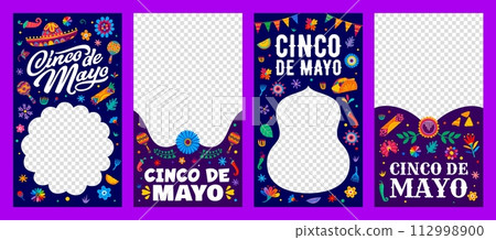 Cinco de mayo Mexican holiday social media templates. Vector vertical banners or frames, capture the festive spirit, share cultural pride, and spread joy with colorful Viva Mexico alebrije style Cinco de mayo Mexican holiday social media templates. Vector vertical banners or frames, capture the festive spirit, share cultural pride, and spread joy with colorful Viva Mexico alebrije style 112998900