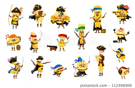 Cartoon italian pasta pirates and corsairs characters. Isolated vector farfalle, conchiglie, ditalini and fusilli. Maccheroni, fettuccine, spaghetti or conchiglioni. Ravioli, tortellini and stelle 112998906