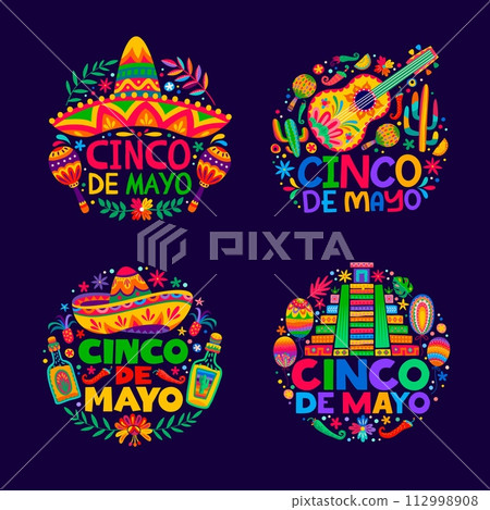 Mexican Cinco de Mayo holiday labels of vector sombrero, guitar and aztec pyramid. Cartoon Mexico maracas, tequila, tropical flowers and cactus ethnic pattern round tags for fiesta party or carnival 112998908