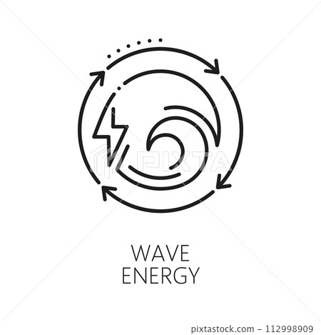 Green power, clean tidal wave energy line icon. Energy alternative source, electricity generation industry or water power plant outline vector symbol or icon with tidal wave and lightning bolt Green power, clean tidal wave energy line icon. Energy alternative source, electricity generation industry or water power plant outline vector symbol or icon with tidal wave and lightning bolt 112998909
