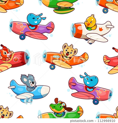 Cartoon cute baby animal characters on planes. Seamless pattern. Wrapping paper or textile print, wallpaper vector pattern with hippo, lion and coala, crocodile, squirrel funny personages on planes 112998910