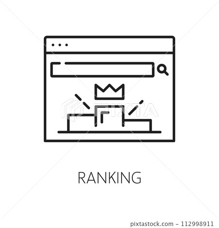 Ranking, web audit icon, website analytics content optimization and web performance, vector outline pictogram. SEO or content marketing icon of website ranking for internet search results optimization Ranking, web audit icon, website analytics content optimization and web performance, vector outline pictogram. SEO or content marketing icon of website ranking for internet search results optimization 112998911