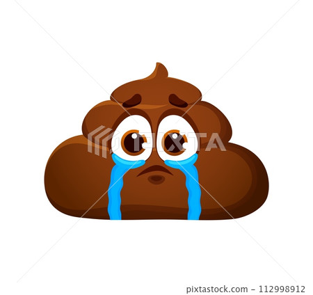 Crying poop cute cartoon emoji or character. Poo cute emoticon, poop funny isolated vector emoji or toilet shit cartoon character. Stinky excrement sad personage crying with tears 112998912