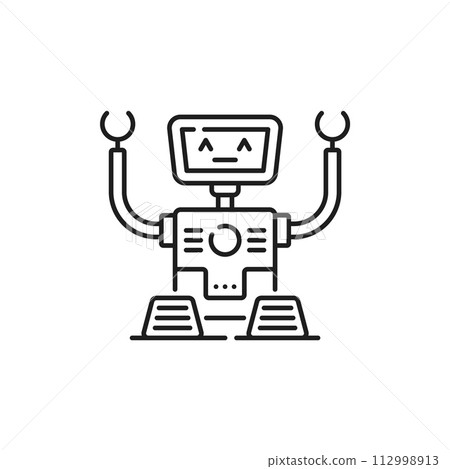 Robot line and outline icon. Isolated vector metallic automaton symbol, representing a bot. Mechanical sign of cyborg machine, embodying technology, futuristic innovation, and artificial intelligence Robot line and outline icon. Isolated vector metallic automaton symbol, representing a bot. Mechanical sign of cyborg machine, embodying technology, futuristic innovation, and artificial intelligence 112998913
