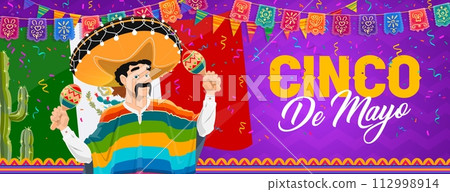 Cinco De Mayo holiday banner with Mexican character, maracas, papel picado flags and confetti, vector background. Mexican Cinco De Mayo fiesta celebration banner with man in sombrero and cactus Cinco De Mayo holiday banner with Mexican character, maracas, papel picado flags and confetti, vector background. Mexican Cinco De Mayo fiesta celebration banner with man in sombrero and cactus 112998914