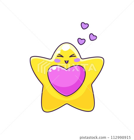 Cartoon star kawaii character with love heart kisses and hugs, vector cute personage. Funny twinkle star emoji or kawaii emoticon with heart kisses for kids mascot or cheerful cartoon character 112998915
