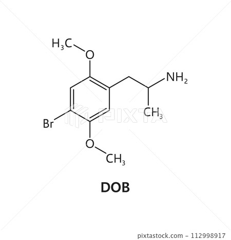 DOB drug molecule formula and chemical structure, synthetic or organic drugs vector model. DOB or brolamfetamine psychedelic drug molecular structure and chemical formula of narcotic substance 112998917