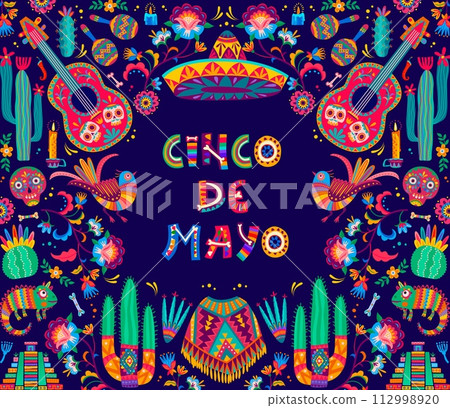 Mexican Cinco de Mayo holiday banner with sombrero, guitars and tropical flowers ornament, vector background. Mexican maracas, poncho and cactus with skull and humming bird for Cinco de Mayo fiesta 112998920