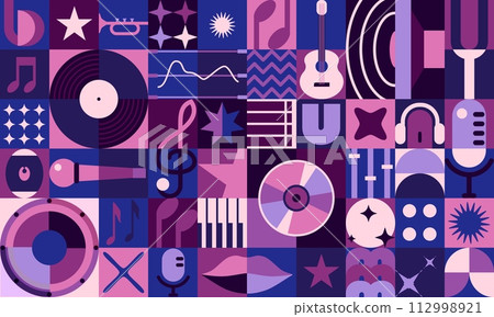 Music geometric abstract poster or modern banner with pattern, vector background. Geometric bauhaus music shapes, guitar or vinyl and CD disc, retro microphone or piano keys and loudspeaker 112998921