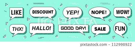 Memphis speech bubbles isolated vector set. White dialog boxes or clouds with thick outlines and dynamic visual typography like, discount, yep or nope. Wow, thx, hallo and good day, sale and fun Memphis speech bubbles isolated vector set. White dialog boxes or clouds with thick outlines and dynamic visual typography like, discount, yep or nope. Wow, thx, hallo and good day, sale and fun 112998922