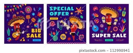Cinco de mayo holiday sale banners, special offer and super big sale. Vector square promotional cards or social media posts with red hot jalapeno, chili, guindilla mariachi pepper musician characters 112998941