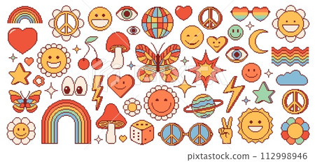 Pixel y2k groovy, rave, hippie and psychedelic symbols. Smile face, amanita mushroom and sun, butterfly or rainbow. Gamble dice, sunglasses with peace signs, daisy flower, disco ball, star with flash 112998946