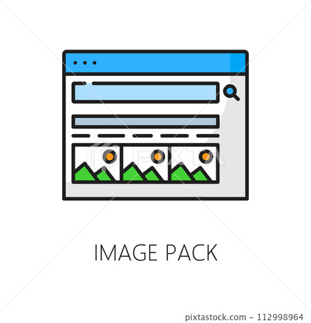 Image pack. Serp icon. Search engine result page, SEO optimization, Internet data audit or search engine result page analysis linear vector sign, web content ranking outline symbol or pictogram 112998964