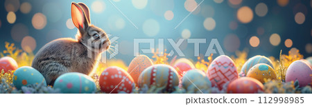 Funny bunny sitting on meadow with colourful eggs around. Easter concept. 112998985