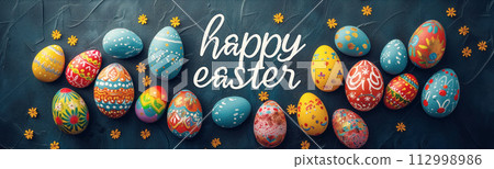 Colourful painted eggs lying on the dark blue rough surface. Easter concept. Gift card with text. 112998986