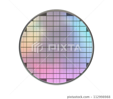 Polycrystalline silicon wafer with microchips isolated on white 112998988