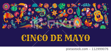Mexican cinco de mayo holiday party banner with cartoon vector holiday items for celebration in alebrije style. Guitar, sombrero, maracas, hummingbird, pinata, turtle, cacti flowers and chameleon Mexican cinco de mayo holiday party banner with cartoon vector holiday items for celebration in alebrije style. Guitar, sombrero, maracas, hummingbird, pinata, turtle, cacti flowers and chameleon 112999076