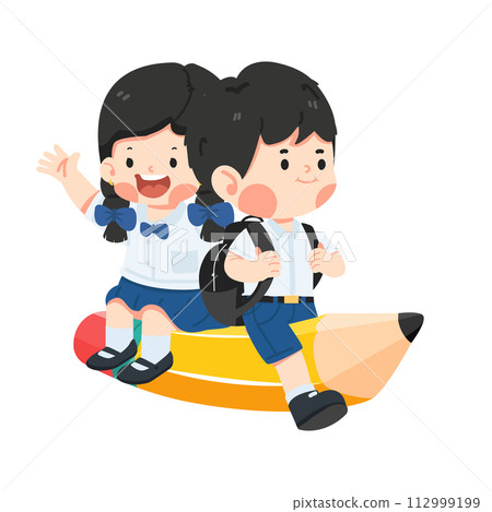 Happy Kids student riding flying pencil go to school 112999199