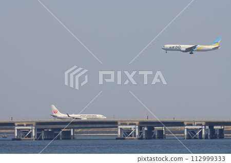 Passenger plane approaching landing 112999333