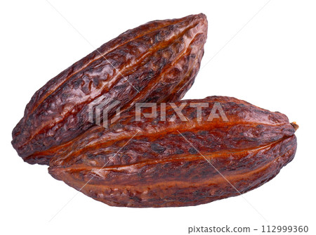 Fresh cacao fruits isolated on white background. Dark red cocoa pods. Clipping path. Fresh cacao fruits isolated on white background. Dark red cocoa pods. Clipping path. 112999360