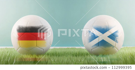 Germany vs Scotland football match infographic template for Euro 2024 matchday scoreline announcement. Two soccer balls with country flags placed against each other on the green grass with copy space 112999395