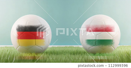 Germany vs Hungary football match infographic template for Euro 2024 matchday scoreline announcement. Two soccer balls with country flags placed against each other on the green grass with copy space 112999396