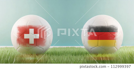 Switzerland vs Germany football match infographic template for Euro 2024 matchday scoreline announcement. Two soccer balls with country flags placed against each other on the green grass with copy 112999397