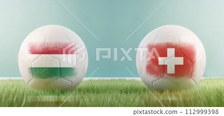 Hungary vs Switzerland football match infographic template for Euro 2024 matchday scoreline announcement. Two soccer balls with country flags placed against each other on the green grass with copy 112999398