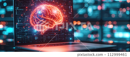 Illustration of the human brain on the desktop of the laptop. Artificial intelligence concept. 112999461