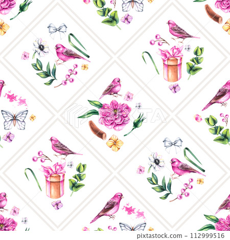 Watercolor seamless geometric pattern with birds and flowers Watercolor seamless geometric pattern with birds and flowers 112999516