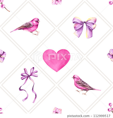 Watercolor seamless geometric pattern with birds and flowers Watercolor seamless geometric pattern with birds and flowers 112999517