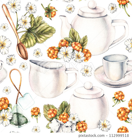Watercolor seamless pattern with cloudberries and tea ceremony 112999518