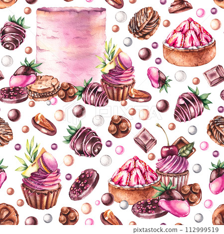 Watercolor seamless pattern with sweets and desserts Watercolor seamless pattern with sweets and desserts 112999519