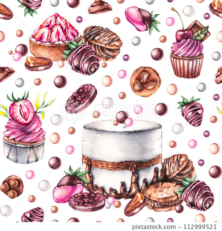 Watercolor seamless pattern with sweets and desserts Watercolor seamless pattern with sweets and desserts 112999521