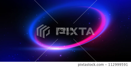 Abstract futuristic neon light curved pink and blue on dark blue background. 112999591