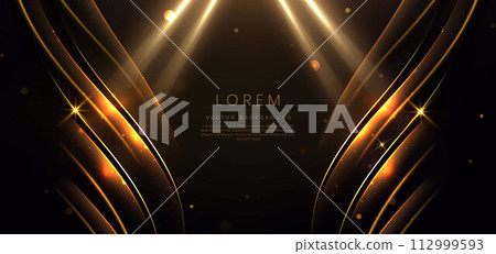 Luxury curve golden lines on dark brown background with lighting effect copy space for text. Luxury design style. Luxury curve golden lines on dark brown background with lighting effect copy space for text. Luxury design style. 112999593