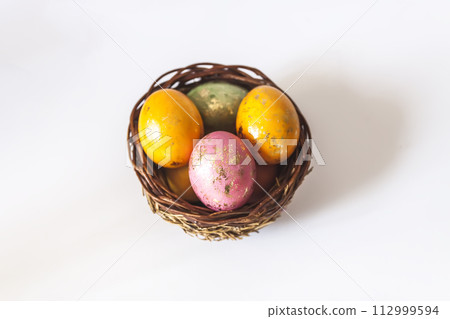 Colored eggs. Traditional Easter food and decoration. Colored eggs. Traditional Easter food and decoration. 112999594