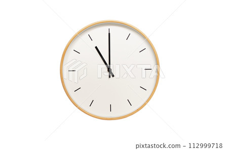 Isolated on white background Minimalist style wooden wall clock, showing time at 11.00 or 23.00 Isolated on white background Minimalist style wooden wall clock, showing time at 11.00 or 23.00 112999718