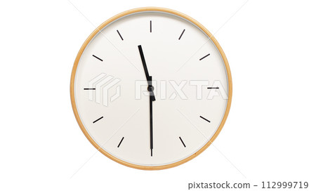 Isolated on white background Minimalist style wooden wall clock, showing time at 11.30 or 23.30 112999719