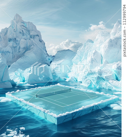 AI-generated content. Creative image of tennis court in the middle of landscape with icebergs. Floating platform in water, sea, ocean with ice. 112999794