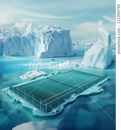 AI-generated content. Creative image of tennis court in the middle of landscape with icebergs. Floating platform in water, sea, ocean with ice. 112999798